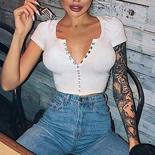 WM & MW Hot Sale Girls Womens Tops Short Sleeve Sexy V-Neck Button Henley White Crop Tops Club Blouse T-Shirt (Small, White)