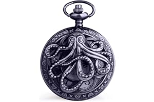 Dentily Vintage Octopus Hollow Quartz Pocket Watch Steampunk Black Pocket Watch with Necklace Chain