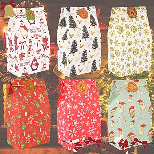 Starrky Christmas Paper Candy Bags, 24PCS Christmas Bags with Gift Tag Stickers Wrapping Bags Colorful Xmas Bags Xmas Candy Paper Packing Trays Treat Bags for Classrooms Party Birthdays