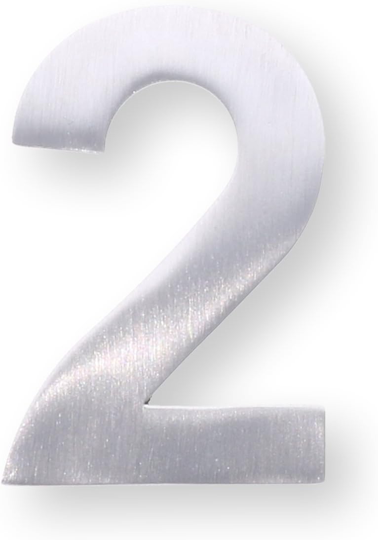 Metal Number 2 - made of Brushed, Stainless Steel, Height 4 cm, as Wall or Door Tag - Self Adhesive.
