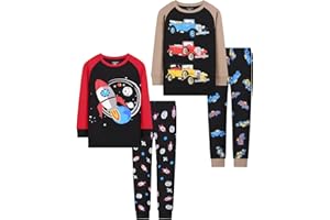 Joyond Boys' 4-Piece Snug Fit Cotton Pajama Set Size 2T-12Years, Kids Boys Long-Sleeve Clothes Top and Pants Sleepwear Sets