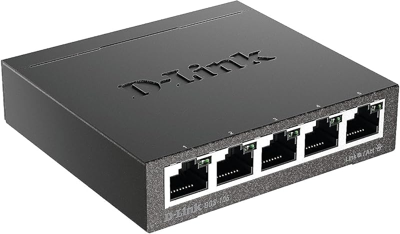 DGS-105 5 Ports Layer2 Gigabit Switch (bis zu 2000 Mbit/s Datenübertragung pro Port, einfache Plug und Play-Installation, lüfterlos, Metallgehäuse) schwarz