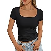 AUTOMET Womens Square Neck Double Lined Tops Going Out Short Sleeve Crop T Shirts Summer Clothes Basics Tee