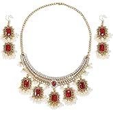 NewZenro Ethnic Rectangle CZ Beaded Tassel Dangle Drop Stud Earrings Choker Necklace Set for Women Vintage Indian Traditional Fashion Antique Bollywood Jewelry for Wedding Party