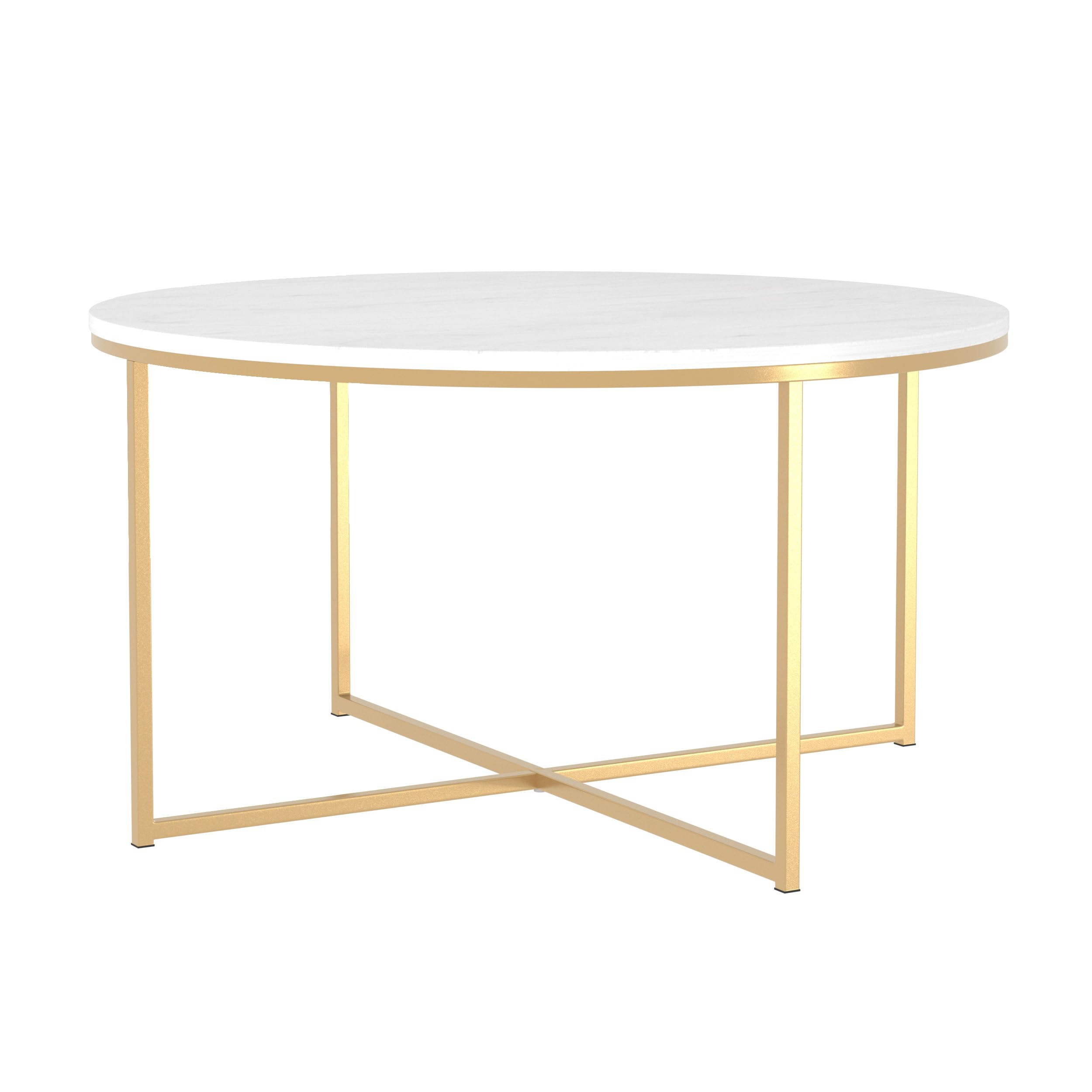 WE Furniture 91cm Round Mid Century Modern Coffee Table with X-Base for Living Room /Office decoration, Metal, Glass/Gold/Faux Marble