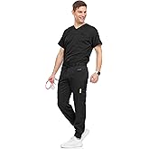 Medichic Men's Workwear Stretch V-Neck Scrub Joggers Set with Seven-Pocket Pants, Available in 6+ Colors