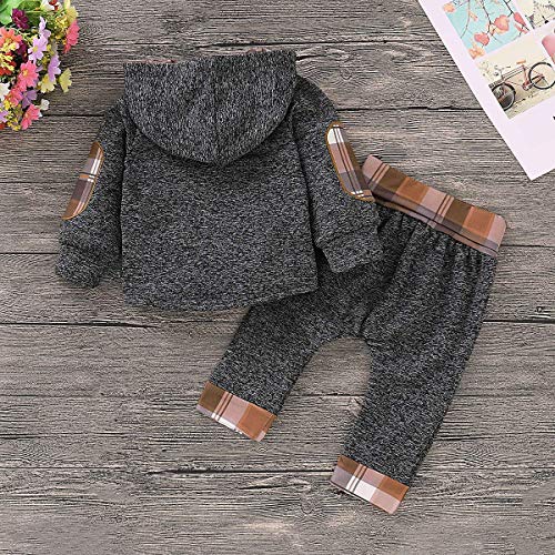 GObabyGO Infant Toddler Boys Girls Sweatshirt Set Winter Fall Clothes Outfit 0-3 Years Old,Baby Plaid Hooded Tops Pants (Khaki Plaid, 2-3 Years) - Thumbnail 2