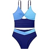 Doumlop Girls Swimsuit Color Block Girls Bathing Suit Twist Tankini Set Two Piece Girl Swimwear Bikini Set for 9-16 Years