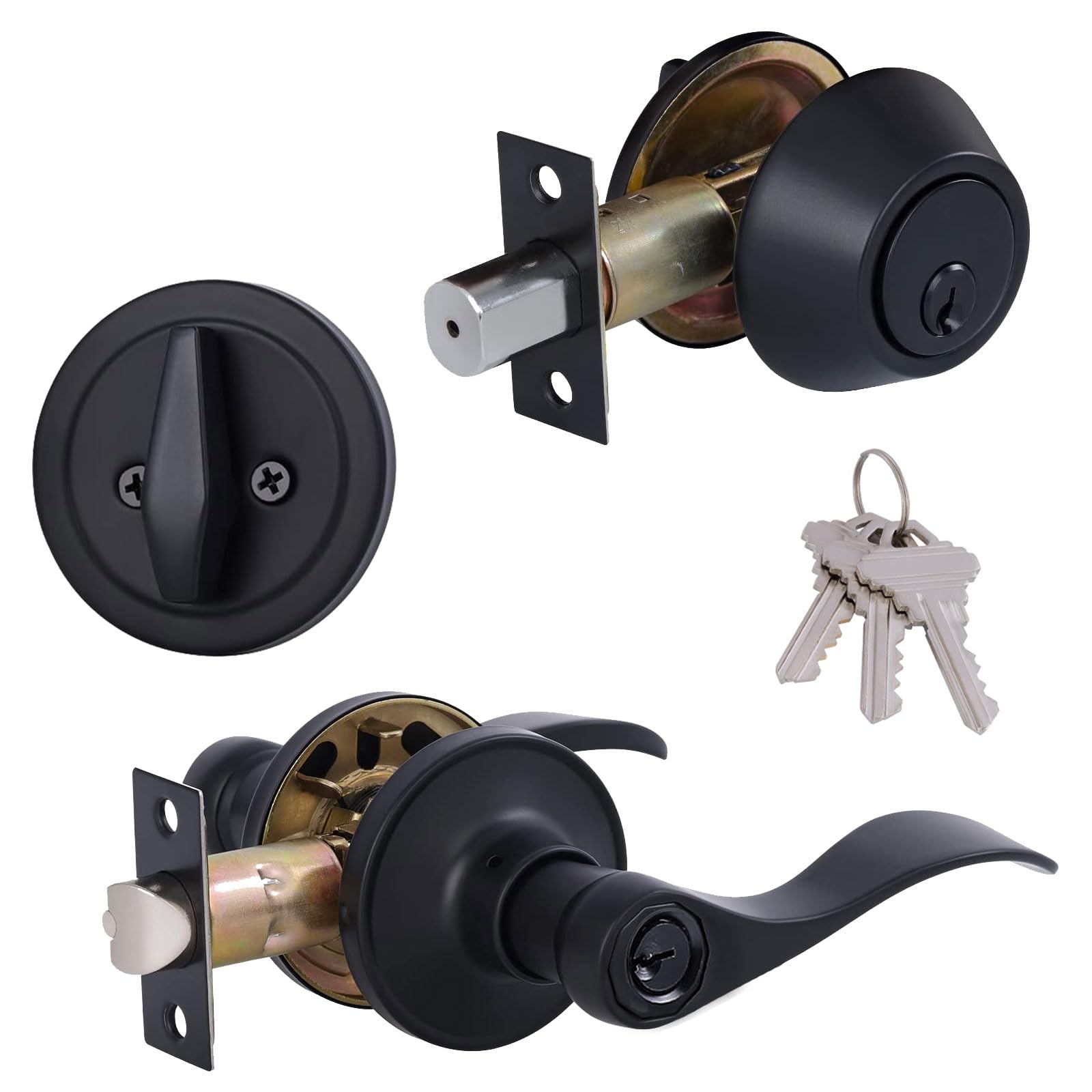 Photo 1 of (1 Pack) Keyed Alike Front Door Lever Lockset with Single Cylinder Deadbolt Combination Set, Wave Style Lever, Front Door/Exterior Door Knob with Lock and Deadbolt, Classic Matte Black Finished