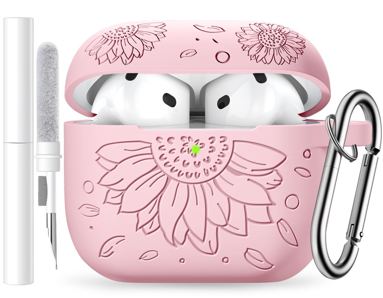 Photo 1 of IMIVIO Sunflower Engraved Case for Apple Airpods 4th Generation Cover(2024), Silicone Case with Cleaner Kit & Keychain Compatible with Airpods 4 for Women,Men, Front LED Visible, Light Pink
