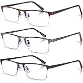 Anourney 3-Pack Reading Glasses for Men, Lightweight Metal Half Frame Blue Light Blocking Computer Readers, Stylish Filter UV Ray/Computer Glare with Spring Hinge Eyeglasses(3PCS Mix Color,+1.0)