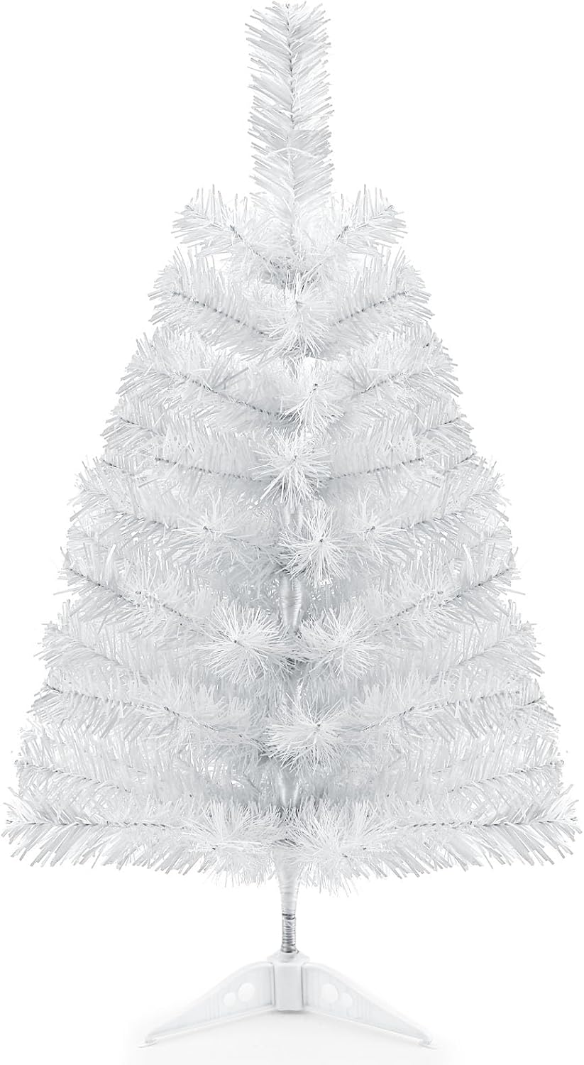 Trees - 2Ft Artificial Christmas Tree White Tabletop Christmas Tree with Plastic Stand Mini Xmas Pine Tree for Indoor Outdoor Holiday Home Decoration