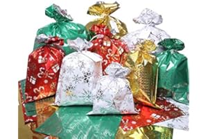 WesGen Christmas Gift Bags, 32Pcs Santa Wrapping Bag in 4 Sizes and 4 Designs with Ribbon Ties and Tags for Wrapping Holiday