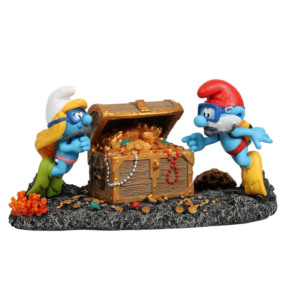 Aqua Della, The Smurfs Treasure Chest Figurine 18.7 x 9.7 x 9.7 cm, Highly detailed and made of polyester resin, non-toxic and pH neutral, for freshwater and saltwater aquariums