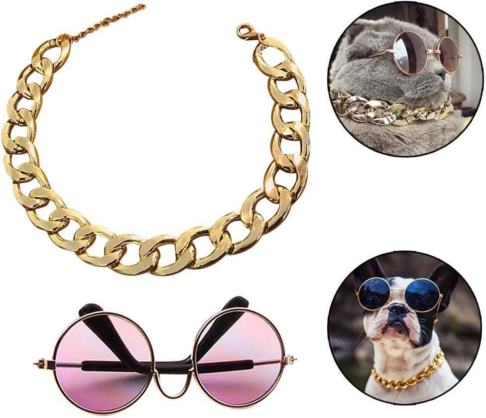 Coolrunner Funny Pet Sunglasses and Cool Plated Gold Chain Necklace (15” x0.39”) with Adjustable Length for Cats/Small Dogs Fashion Costume-Taking Pictures (11 cm Sunglasses)