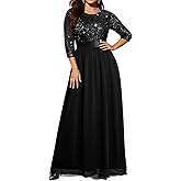 Women's Plus Size Lace Chffon Long Maxi 3/4 Sleeve V-Back Formal Dress