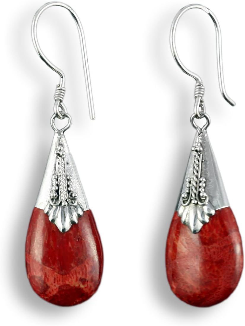 Island Piercings 925er Silver and Red Coral Earrings Drop Shape SER120