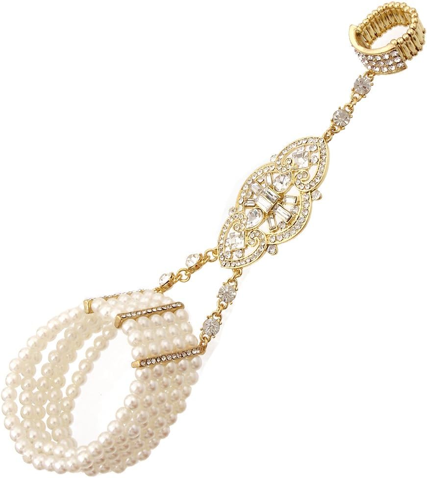 Heart Pendant Rhinestone Cream Imitation Pearl Goldtone Slave Ring Hand Chain Bracelet