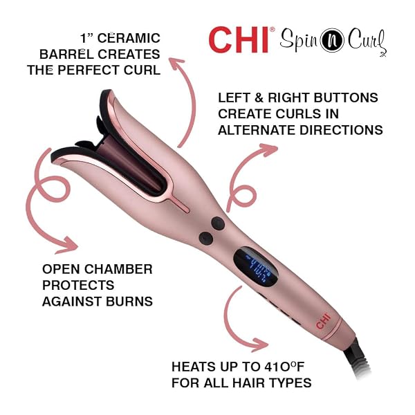 CHI SPIN N CURL, CURLING IRON FOR HEALTHY & SHINY EFFORTLESS CURLS & WAVES, PROVIDES PRESET TEMPERATURE SETTINGS FOR EACH HAIR TEXTURE, ROSE GOLD