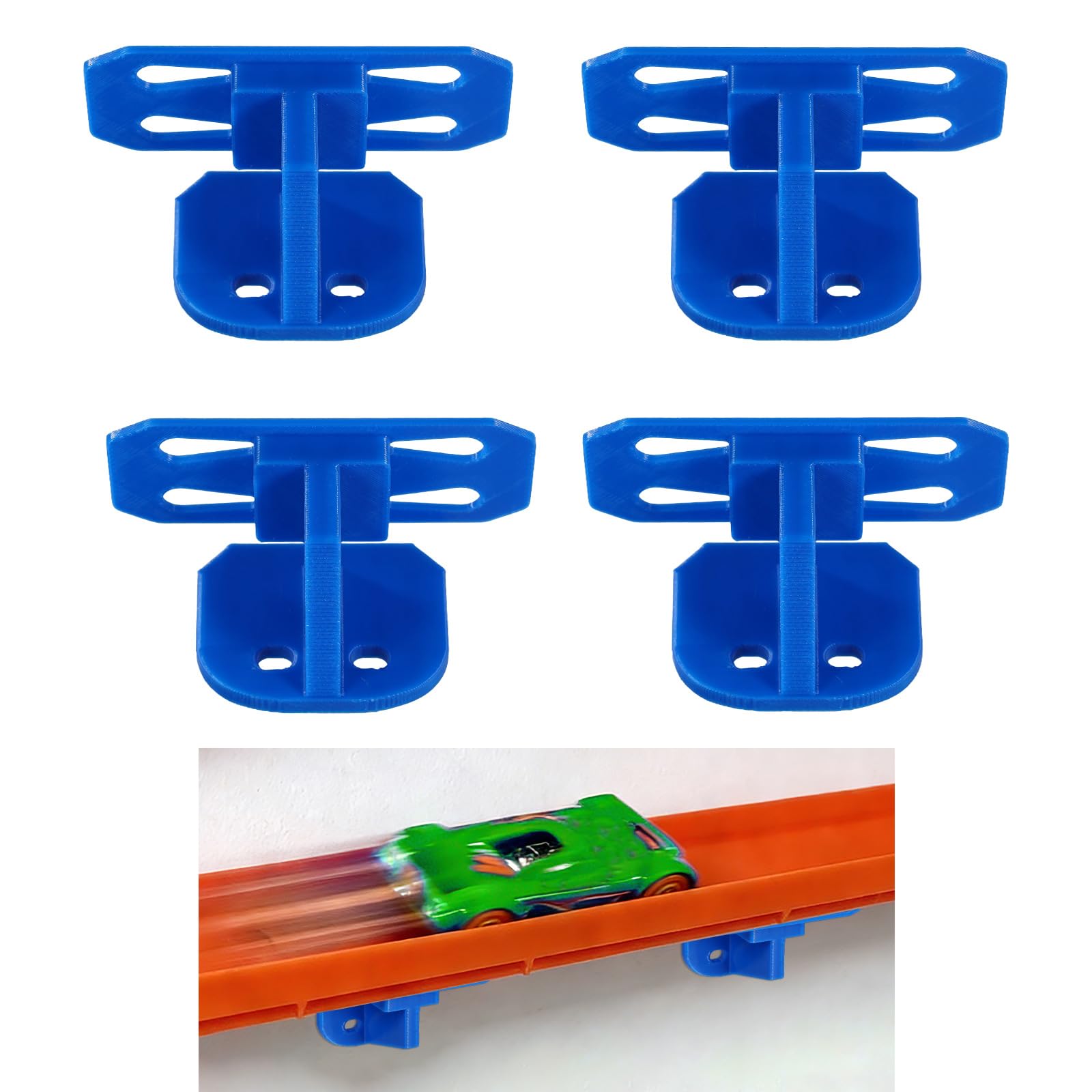 4pcs Single Lane Wall Mount for Hot Wheels & 1/64 Scale Cars and Trucks, PLA Plastic Single Lane Wall-Mounted Track Holder Brackets Compatible with Hot Wheels Track Systems (Blue)