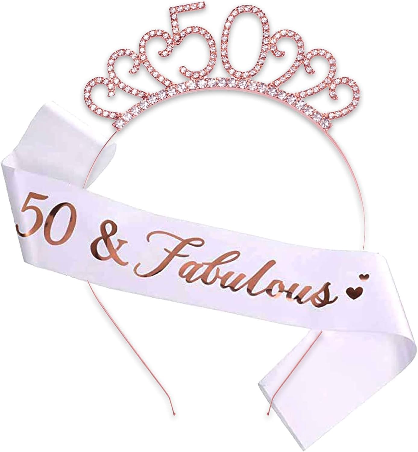 50th Birthday Sash and Crystal Tiara Birthday Crown for 50th Birthday Decorations Women Birthday Gift Party Accessories (Rose Gold)