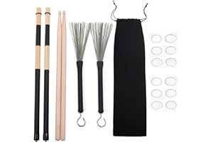 Seteol Drum Sticks Set, a Pair of 5A Drum Sticks, a Pair of Drum Rods Brushes,a Pair of Retractable Drum Wire Brushes,12PCS Drum Dampeners with Portable Bag for Rock Band, Jazz Folk Students,Black