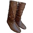 Mens Renaissance Medieval Cosplay Halloween Boots Faux Leather Mid Calf Lace Up Vintage Stage Pirate Viking Tied Shoes