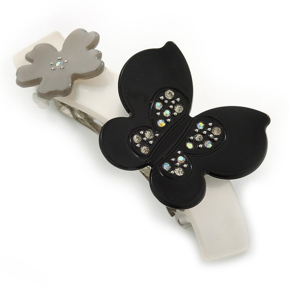 Grey, Black Acrylic Crystal 'Butterfly & Flower' Barrette Hair Clip Grip - 85mm Across