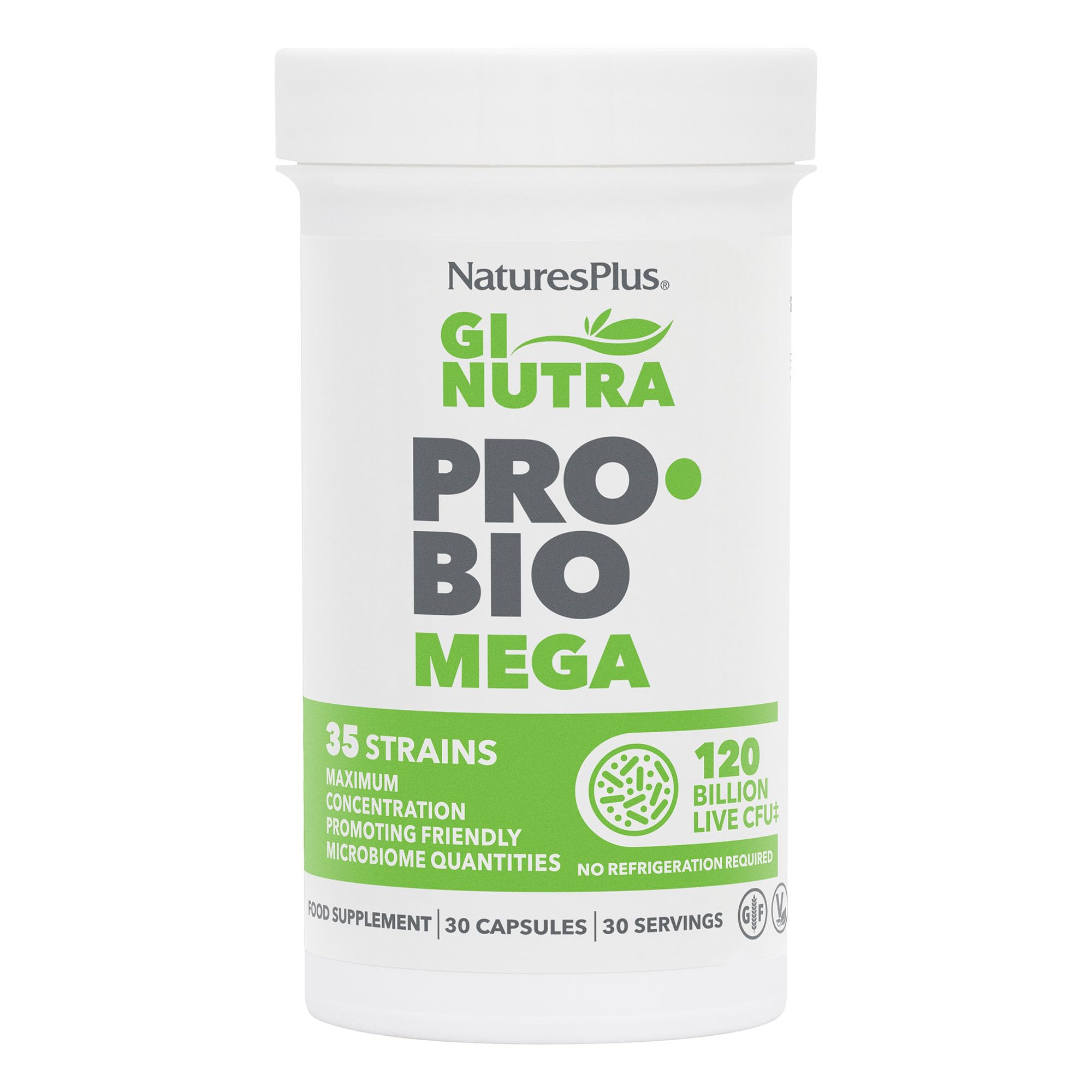 NaturesPlus GI NUTRA Pro Bio Mega - 120 Billion Probiotics for Women and Men - 35 Science Backed Live Bacteria and Prebiotic Fibre - Vegan, Gluten Free - 30 Capsules