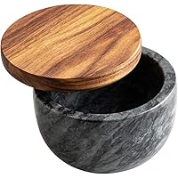 jalz jalz Salt Box Spice Pinch Pot Black Marble Base Wood Cover Salt Keeper Pepper Canister Salt Cellar Salt Jar