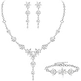 EVER FAITH Wedding Jewelry for Bride Bridesmaid, Stunning Rhinestone Crystal Flower Costume Prom Y-Shaped Necklace Dangle Earrings Bracelet Sets for Women
