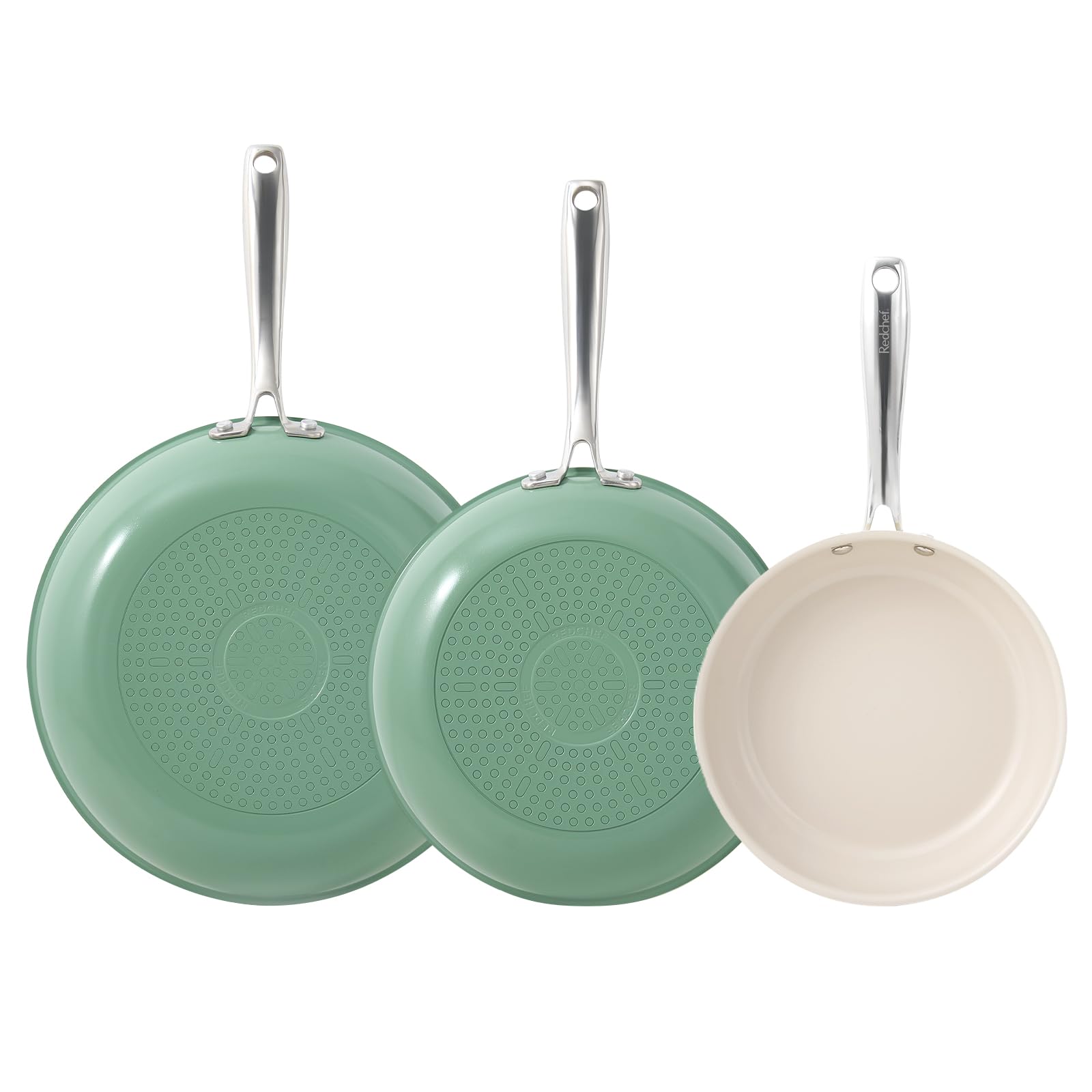 Photo 1 of ***WHITE PAN ONLY*** Redchef Non Stick Ceramic Frying Pan Set, Non Toxic Ceramic Pans for Cooking, 8" 9.5" 11" Skillet Set, No PFAS & PTFE & PFOA with Stainless Steel Handle, Dishwasher & Oven Safe Max up to 842°F (Green)