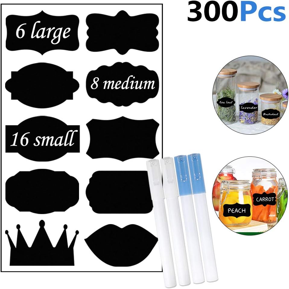 Forbetter 300pcs Chalkboard Labels Stickers, Waterproof Reusable Pantry and Storage Stickers for Jars: Mason, Spice, Glass, Cups, Bottles, Containers with 4 Chalk Markers