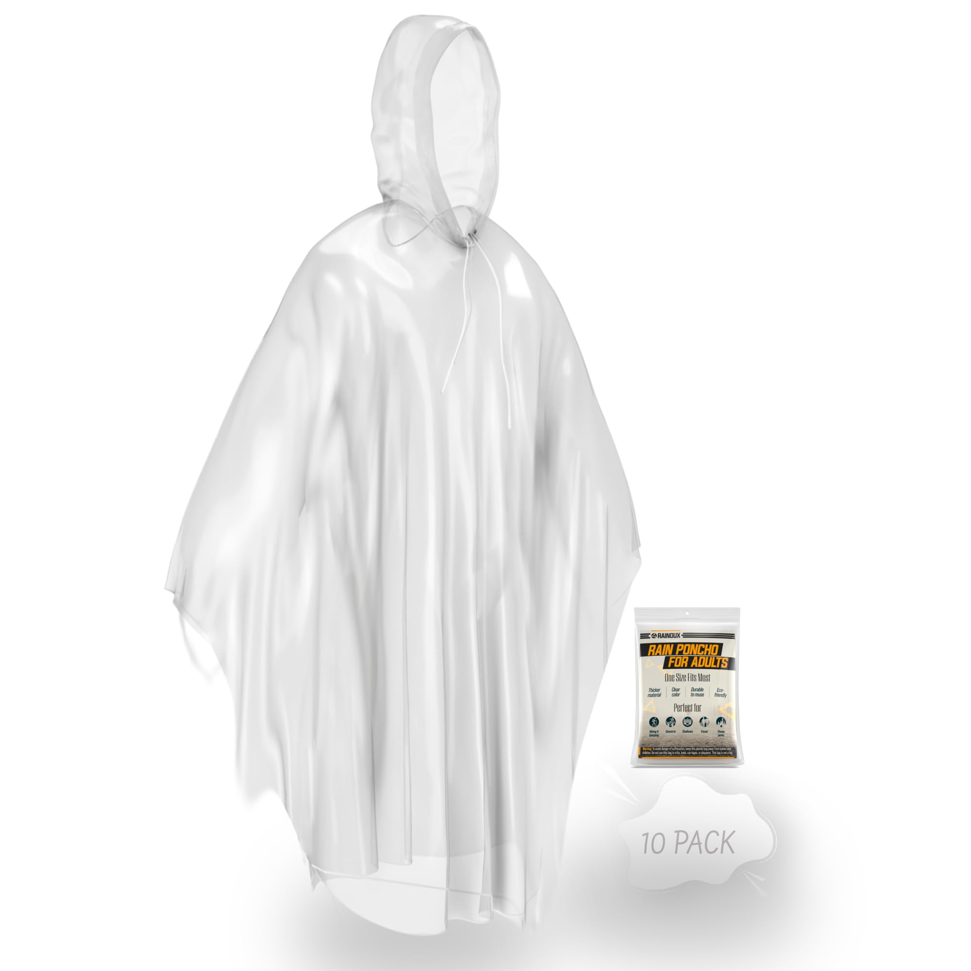 Photo 1 of 10 Individually Packed Clear Disposable Rain Ponchos for Adults with Drawstring Hood - Compact Travel Friendly Design - Odour Free Thick and Durable Plastic Ponchos