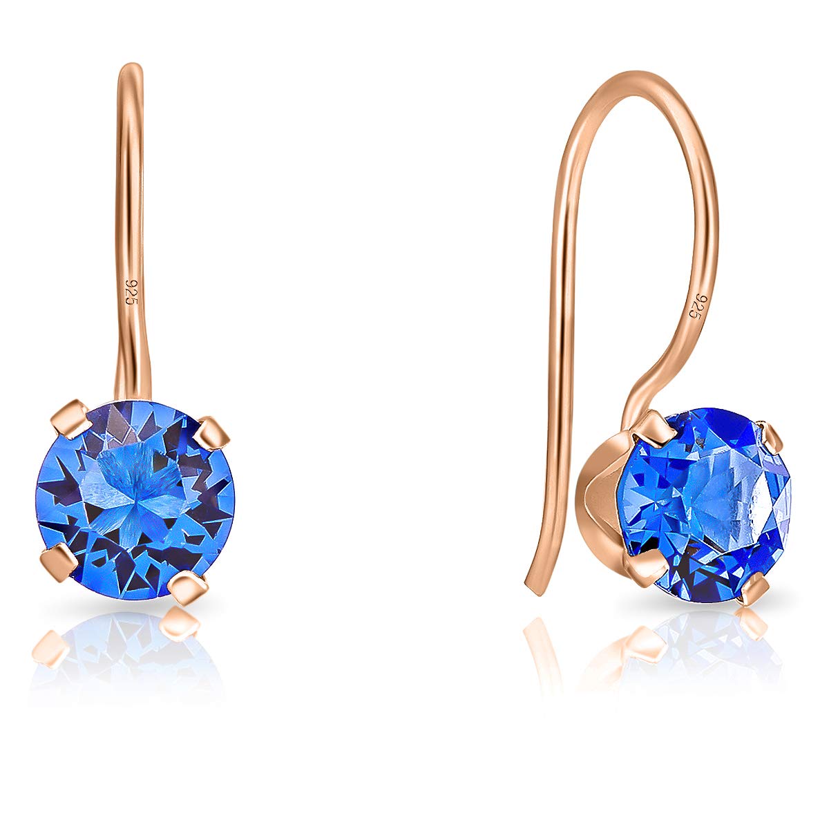 DTPSilver - 925 Sterling Silver Rose Gold Plated Round Fixed Hook Earrings made with Glittering Crystals from Swarovski® Elements - Diameter: 6 mm - Colour : Blue Sapphire