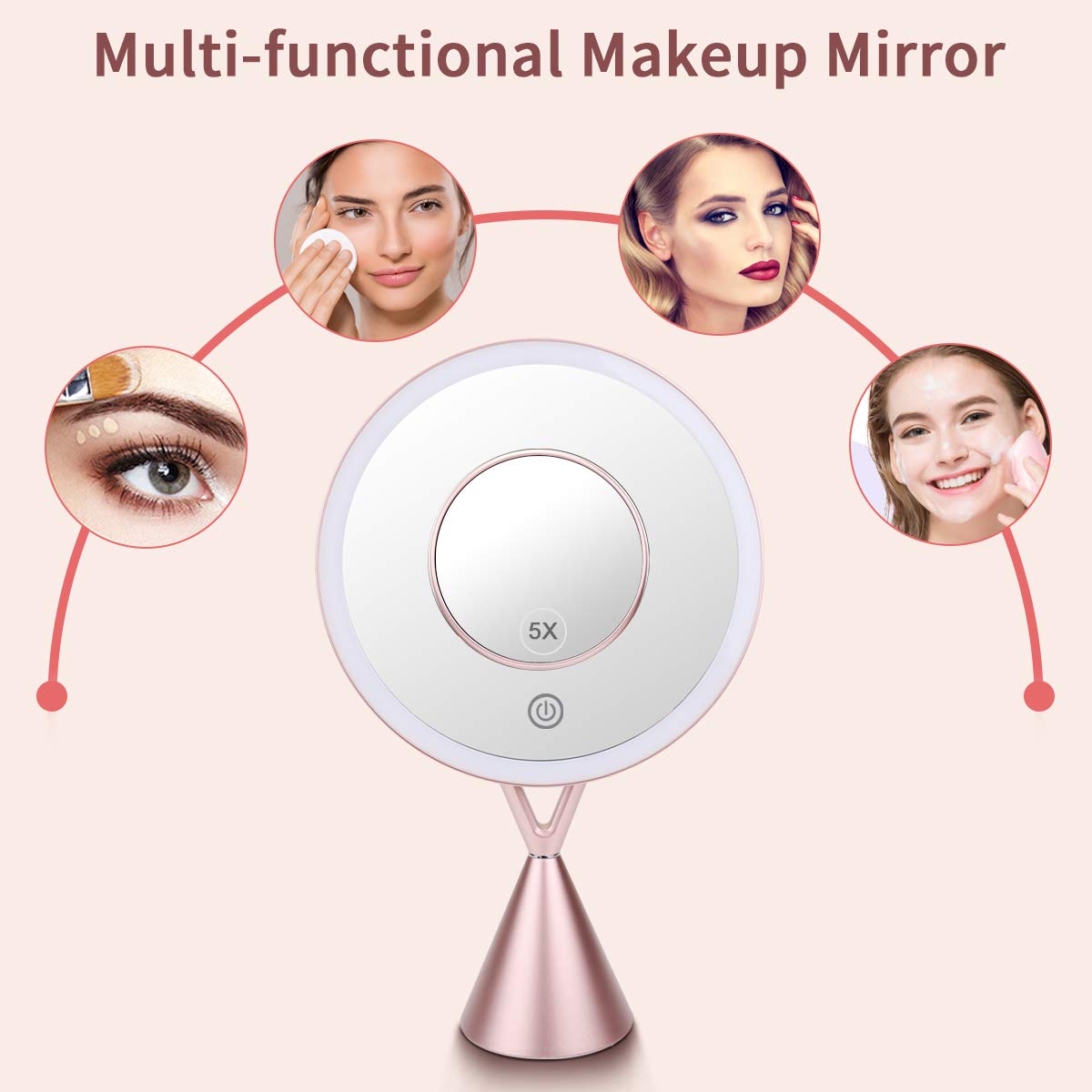 morpilot Specchio per Il Trucco LED, 5X Trifold ingrandente, Touch Screen Luci e Ricarica USB, con Tre modalità di Luce. Supporto Regolabile a 45 Gradi per Specchio cosmetico per Il Trucco- Oro Rosa