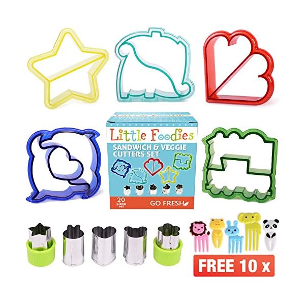 [20-Piece Set] Sandwich Cutters for Kids - 5 Sandwich Cutter Shapes, 5 Vegetable Cutters and FREE 10 Bento Decorations