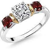 Gem Stone King 1.88 Cttw 925 Silver & 10K Yellow Gold IGI Certified Lab Grown Diamond and Garnet 3 Stone Ring For Women | 1 Ct Center Cushion Cut Diamond | E-F Color VS1-VS2 Clarity