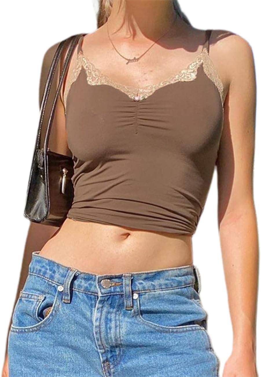 Amazon.com: Womens Lace Crop Tops Sexy V Neck Sleeveless Cropped Tank Top Strap Cami Slim 