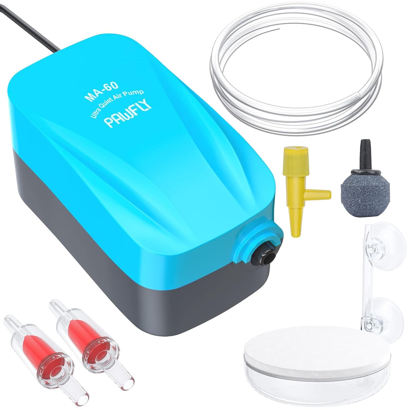 Photo 1 of Pawfly Aquarium Compact Air Pump 15-40 GPH Quiet Oxygen Pump for 3-20 Gallon Fish Tanks Aerator Pump with Air Stone Disc Nano Bio Sponge Filter Airline Tubing and Check Valve Accessories