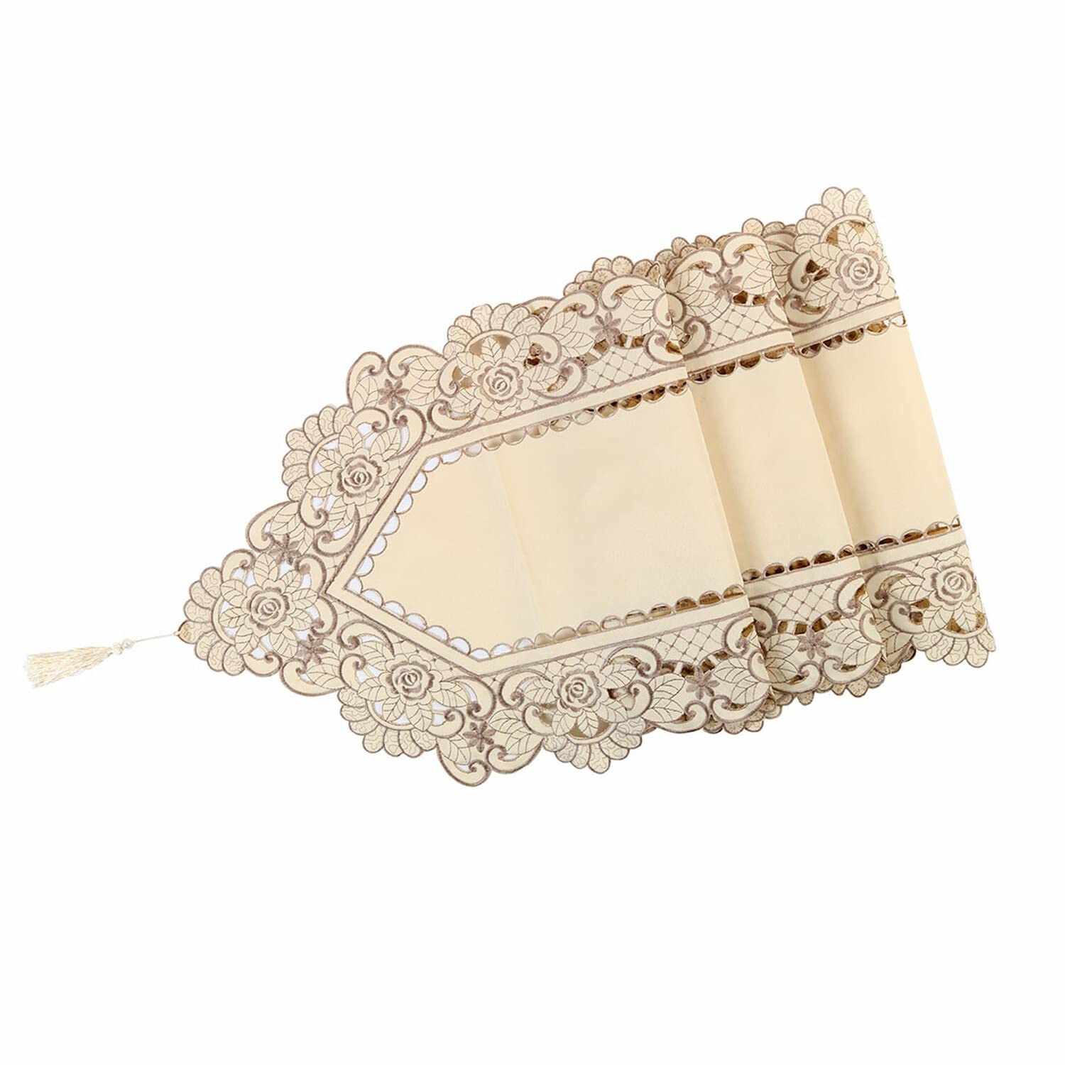 Sourcingmap Flowers Dining Table Runner Embroidered Tassel Light Beige Rose 15x59 Inch
