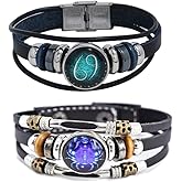 2Pcs Multilayer Constellation Zodiac Leather Bracelet Handmade Woven Zodiac Sign Wrap Bracelet Wristband for Women Men Jewelry Birthday Gift
