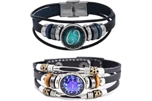 HEWILL 2Pcs Multilayer Constellation Zodiac Leather Bracelet Handmade Woven Zodiac Sign Wrap Bracelet Wristband for Women Men Jewelry Birthday Gift