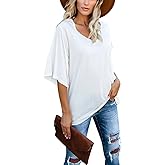 cordat Women's Blouse Tops Loose V Neck 3/4 Bell Sleeve T-Shirt Elbow Length T-Shirts for Women