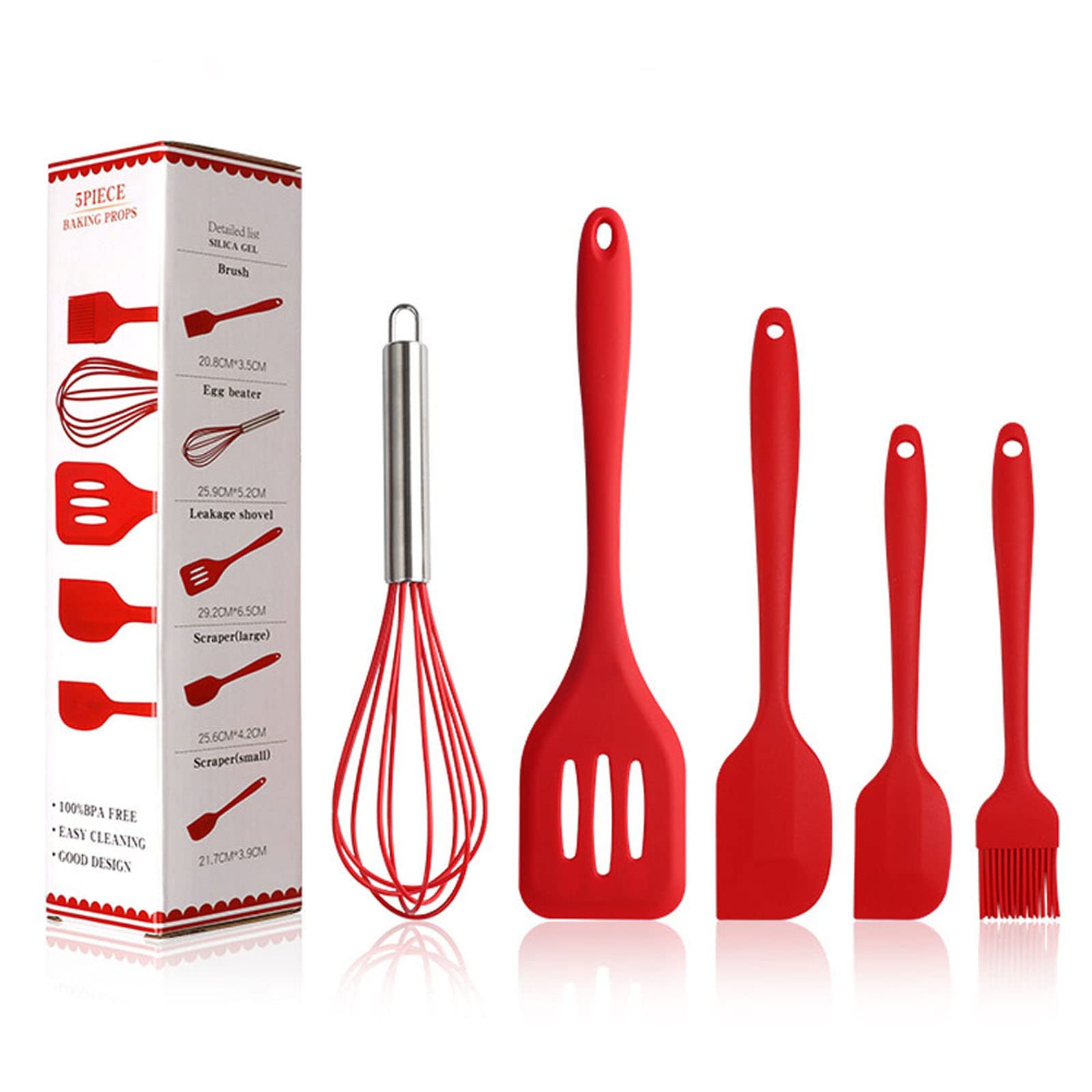BINHAI Silicone Spatula Set, Red 5 Piece Kitchen Utensils Set, Basting Brushes, Pastry Oil Brush, Egg Beater, Slotted Turner, Stainless Steel Core Silicone Cooking Spatulas Non-Stick