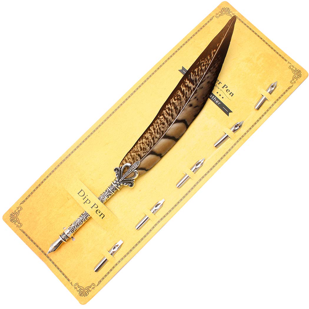 Gullor Antique Feather Dip Pen Stem Metal Nib Pen Writing Quill (5 Extra Nibs), K6