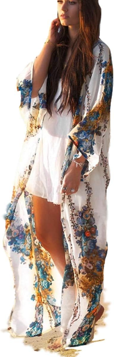 Kimono Cardigan Womens Chiffon Beach Blouses Loose Kimono Open Front Floral Print Cardigan Beachwear Dress (209)