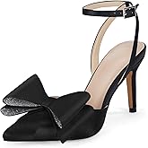 Coutgo Bow Black Heels for Women Rhinestone Closed Toe High Heel Strappy Dress Wedding Bridal Pumps Shoes