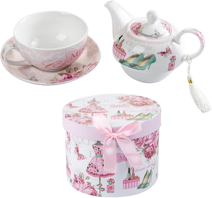 Tea for One Teapot Cup suacer Set Vintage Flora Rose Lavender Porcelain