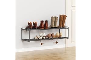 PrimZooty Wall Mounted Shoe Rack, 16.9"-31" Expandable Hanging Shoe Organizer for Coset Holds 16 Pairs, Metal Wall Mount Shoe